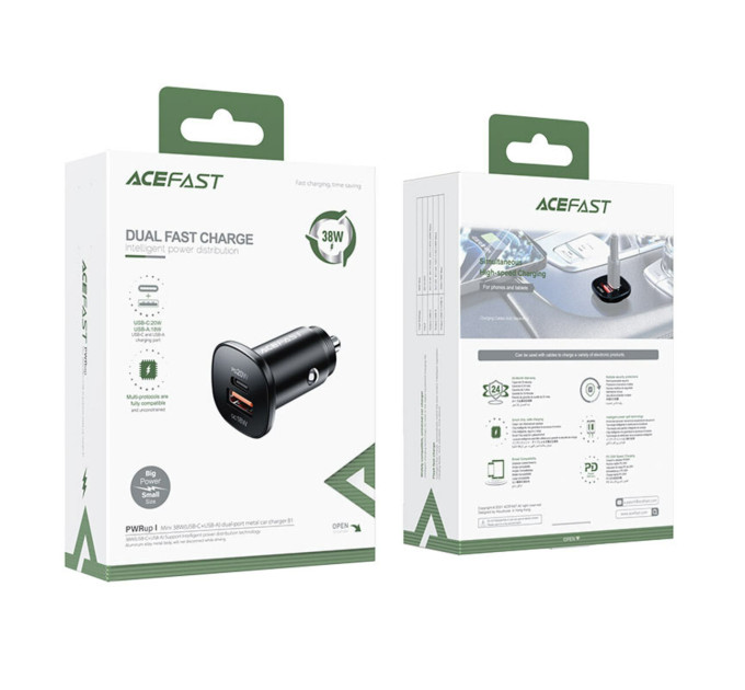 Автомобільний зарядний пристрій ACEFAST B1 mini 38W(USB-C+USB-A) dual-port metal car charger