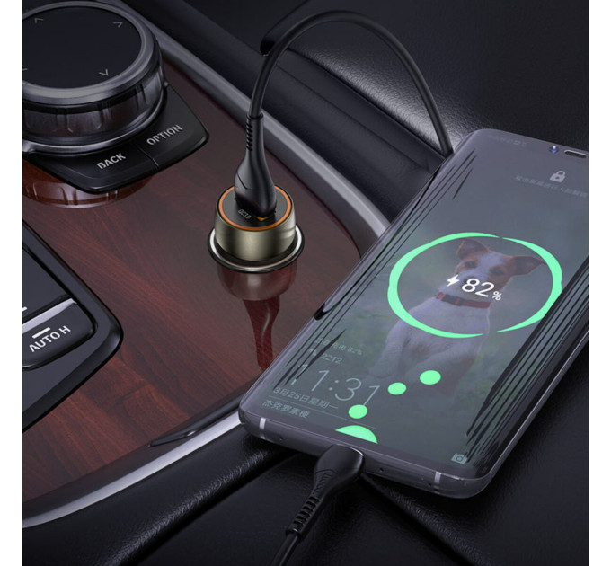 Автомобільний зарядний пристрій HOCO Z46 Blue shield single port QC3.0 car charger set(Micro) Metal Gray