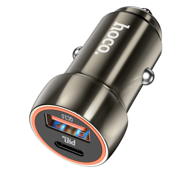 Автомобільний зарядний пристрій HOCO Z46A Blue whale PD20W+QC3.0 car charger Metal Gray