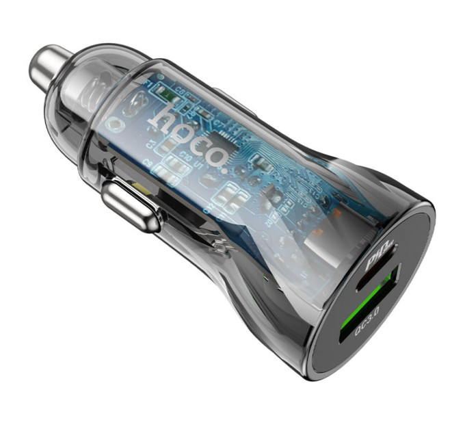 Автомобільний зарядний пристрій HOCO Z47A Transparent Discovery Edition dual port PD30W+QC3.0 car charger set(C to iP) Transparent Black