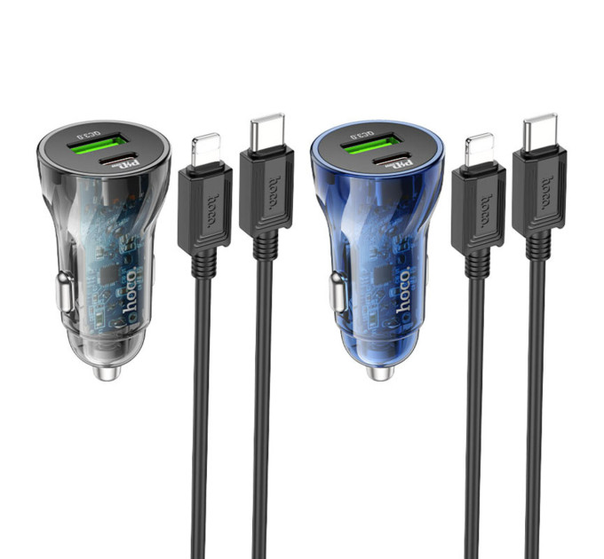 Автомобільний зарядний пристрій HOCO Z47A Transparent Discovery Edition dual port PD30W+QC3.0 car charger set(C to iP) Transparent Black
