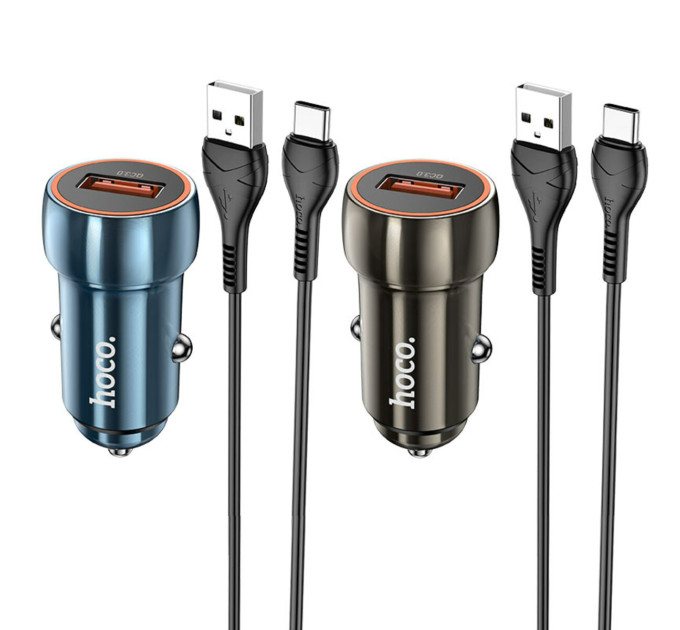 Автомобільний зарядний пристрій HOCO Z46 Blue shield single port QC3.0 car charger set(Type-C) Metal Gray