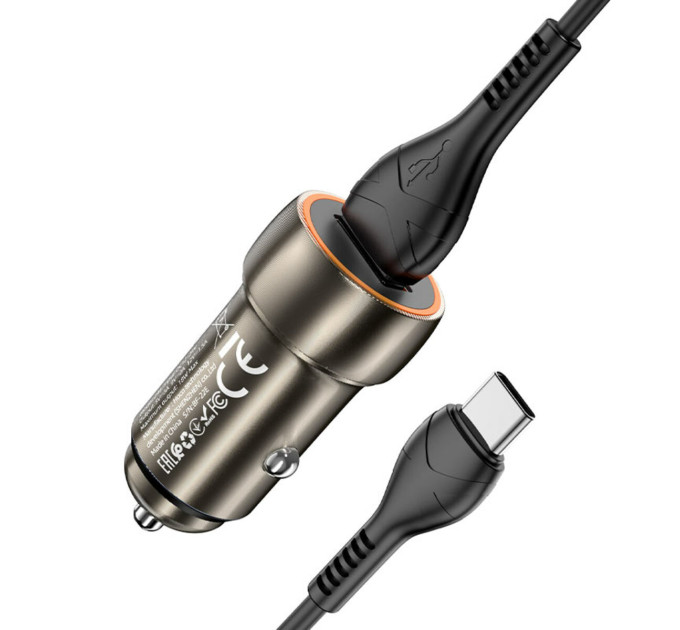 Автомобільний зарядний пристрій HOCO Z46 Blue shield single port QC3.0 car charger set(Type-C) Metal Gray