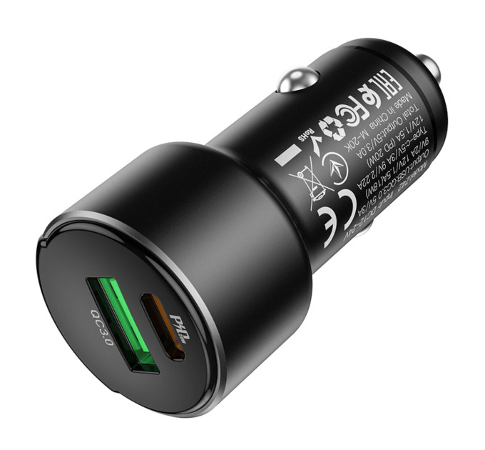 Автомобільний зарядний пристрій HOCO Z42 Light road dual port digital display PD20W+QC3.0 car charger Black