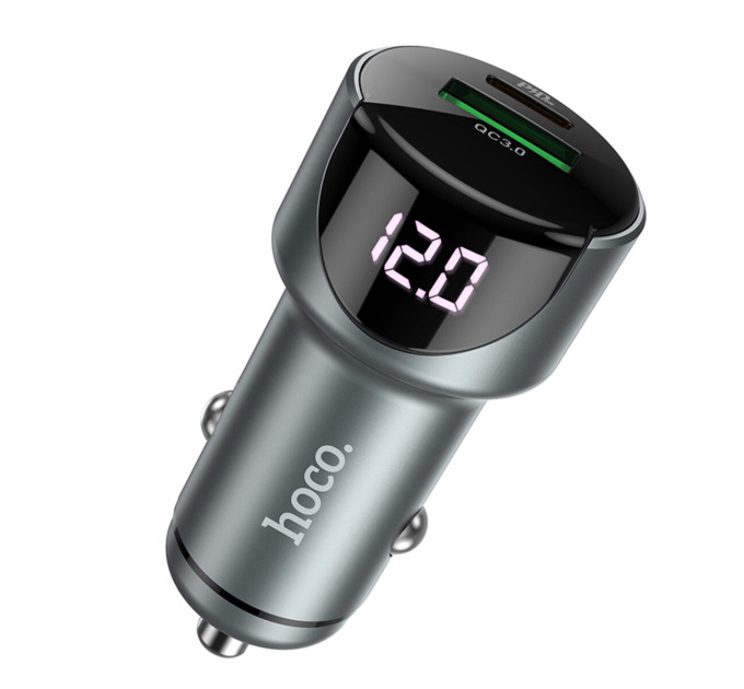 Автомобільний зарядний пристрій HOCO Z42 Light road dual port digital display PD20W+QC3.0 car charger Metal Gray