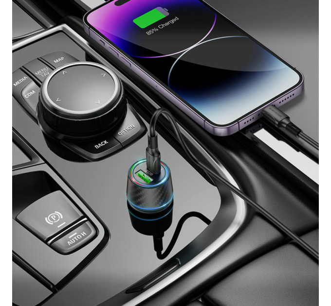 Автомобільний зарядний пристрій BOROFONE BZ21 Brilliant 48W dual port PD30W+QC3.0 car charger set(C to iP) Black