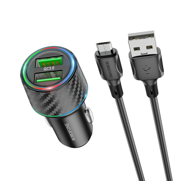 Автомобільний зарядний пристрій BOROFONE BZ21A Brilliant 36W dual port QC3.0 car charger set(Micro) Black