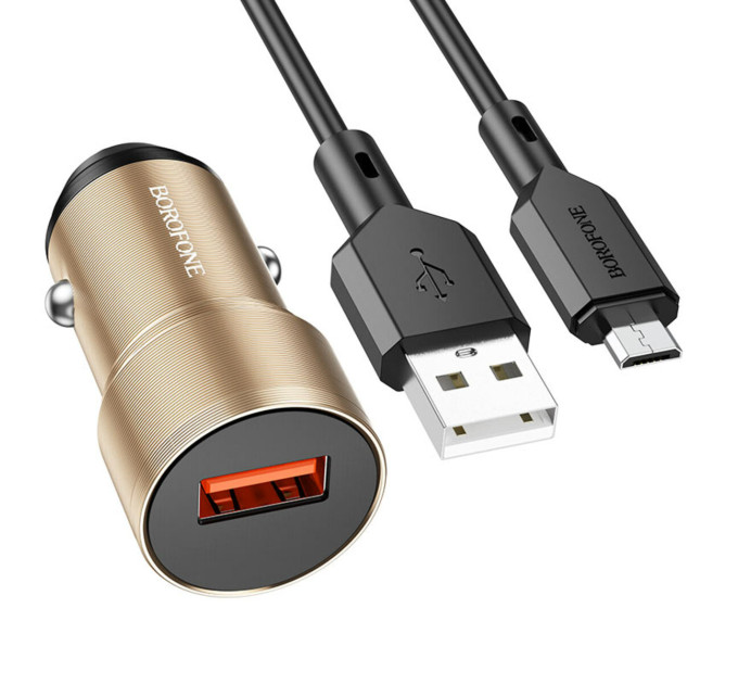 Автомобільний зарядний пристрій BOROFONE BZ19A Wisdom single port QC3.0 car charger set(Micro) Gold