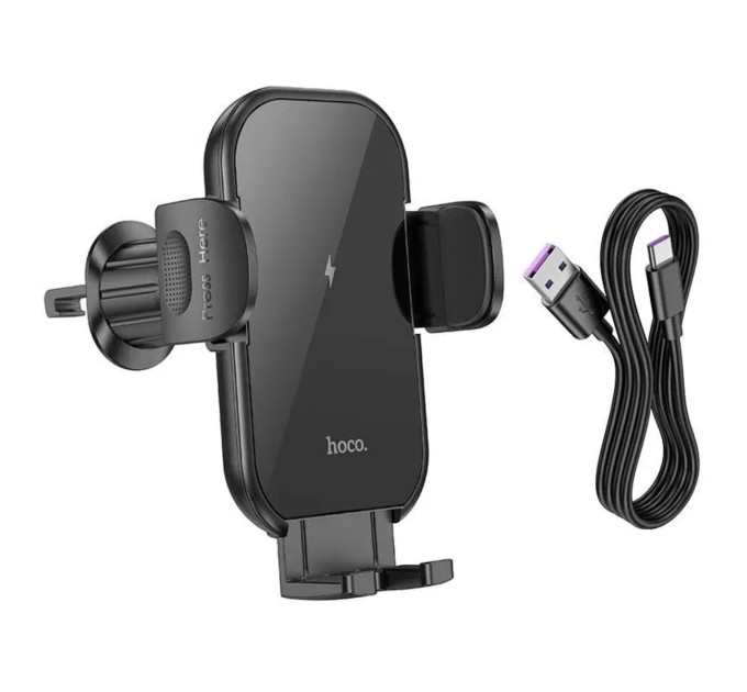 Тримач для мобiльного з БЗП HOCO HW4 Journey wireless fast charging car holder(air outlet) Black