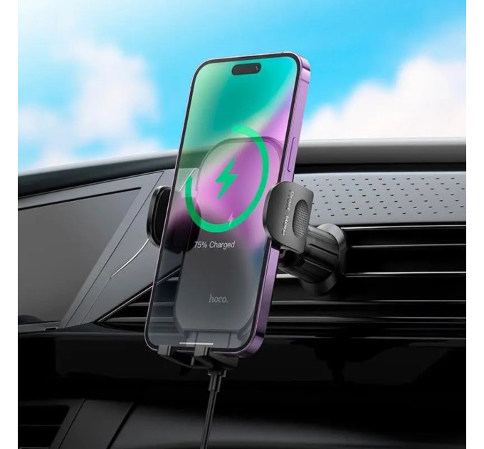 Тримач для мобiльного з БЗП HOCO HW4 Journey wireless fast charging car holder(air outlet) Black