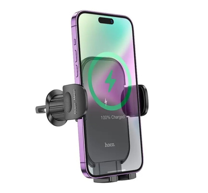 Тримач для мобiльного з БЗП HOCO HW4 Journey wireless fast charging car holder(air outlet) Black