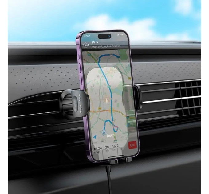 Тримач для мобiльного з БЗП HOCO HW4 Journey wireless fast charging car holder(air outlet) Black