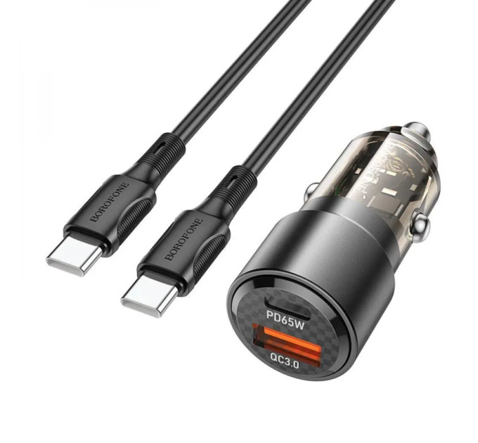 Автомобільний зарядний пристрій BOROFONE BZ20 Smart 38W dual port PD20W+QC3.0 car charger set(C to C) Transparent Black