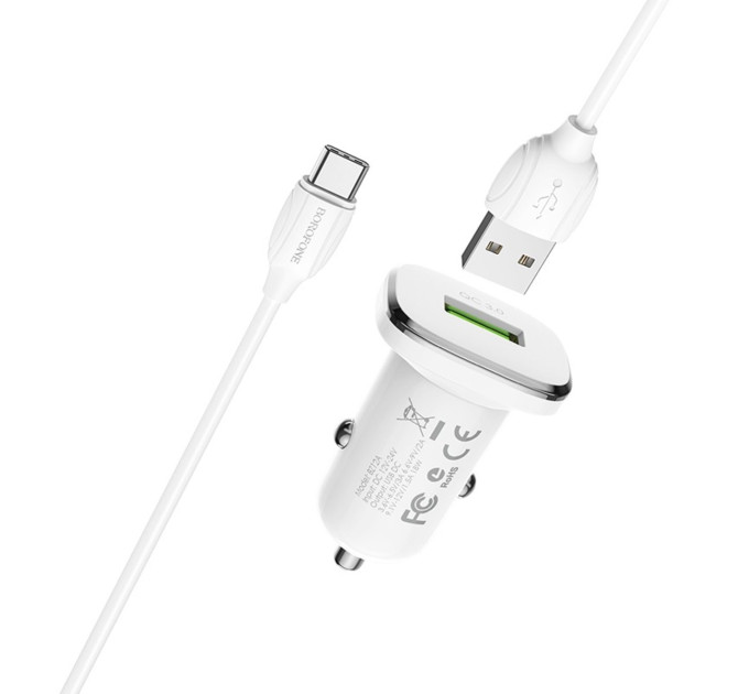 Автомобільний зарядний пристрій BOROFONE BZ12A single port QC3.0 with Micro-USB cable White