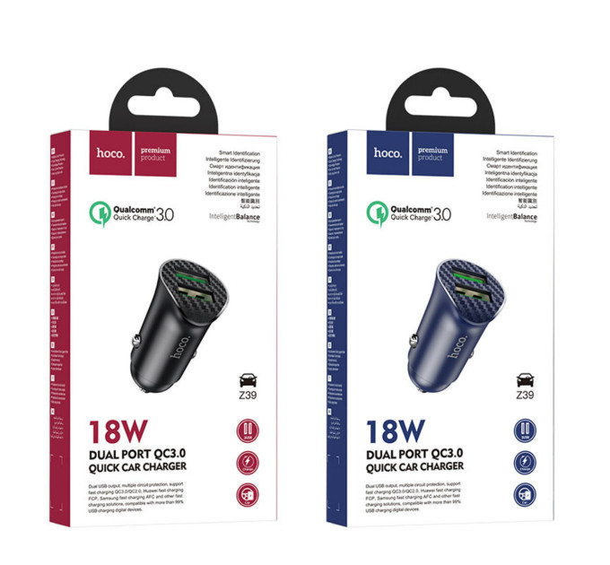 Автомобільний зарядний пристрій HOCO Z39 Farsighted dual port QC3.0 car charger Black