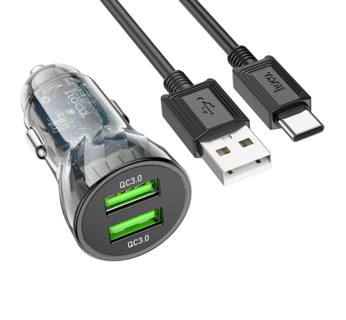 Автомобільний зарядний пристрій HOCO Z47 Transparent Discovery Edition dual port QC3.0 car charger set(Type-C) Transparent Black