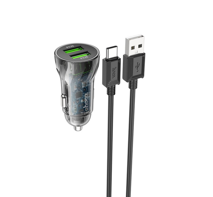 Автомобільний зарядний пристрій HOCO Z47 Transparent Discovery Edition dual port QC3.0 car charger set(Type-C) Transparent Black