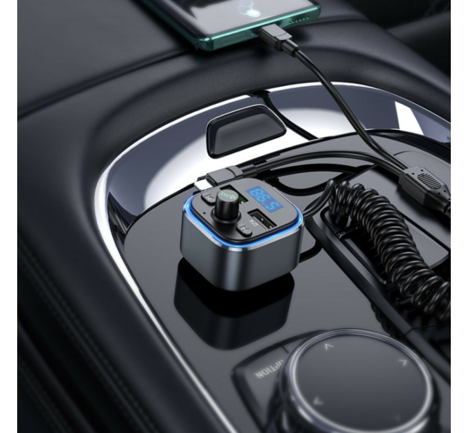 Автомобільний зарядний пристрій HOCO E74 Energy QC3.0 2-in-1 car BT FM transmitter with cable Metal Gray
