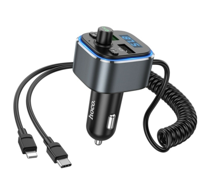 Автомобільний зарядний пристрій HOCO E74 Energy QC3.0 2-in-1 car BT FM transmitter with cable Metal Gray