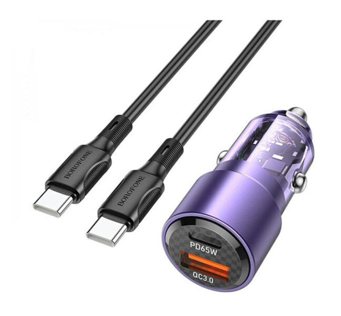 Автомобільний зарядний пристрій BOROFONE BZ20A Smart 83W dual port PD65W+QC3.0 car charger set(C to C) Transparent Purple