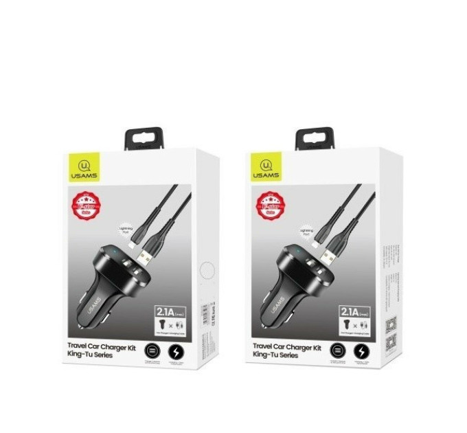 АЗП Usams Travel Car Charger Kit King Tu Series(U35 IP Cable 1M + C13 Dual USB Car Charger) Black