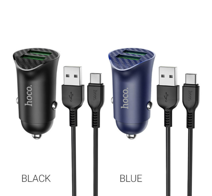 Автомобільний зарядний пристрій HOCO Z39 Farsighted dual port QC3.0 Car charger set(Type-C) Black