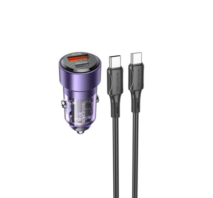 Автомобільний зарядний пристрій BOROFONE BZ20 Smart 38W dual port PD20W+QC3.0 car charger set(C to C) Transparent Purple