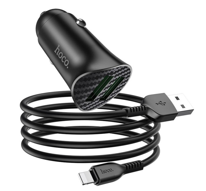 Автомобільний зарядний пристрій HOCO Z39 Farsighted dual port QC3.0 Car charger set(iP) Black