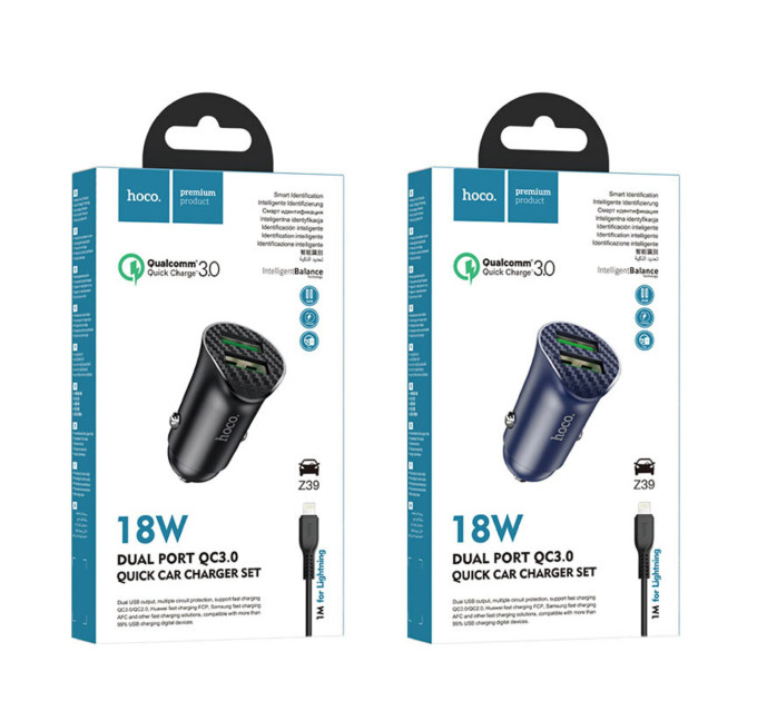 Автомобільний зарядний пристрій HOCO Z39 Farsighted dual port QC3.0 Car charger set(iP) Black