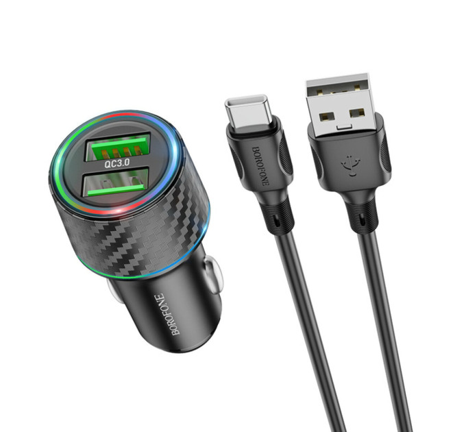 Автомобільний зарядний пристрій BOROFONE BZ21A Brilliant 36W dual port QC3.0 car charger set(Type-C) Black
