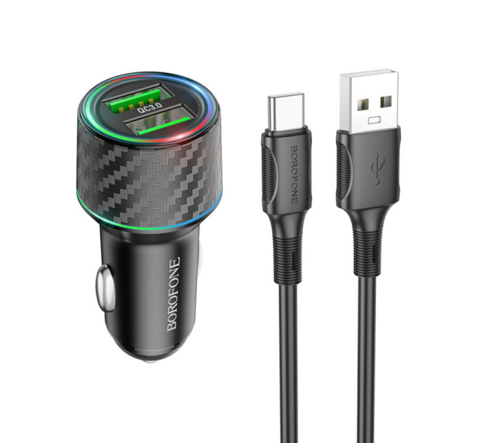 Автомобільний зарядний пристрій BOROFONE BZ21A Brilliant 36W dual port QC3.0 car charger set(Type-C) Black