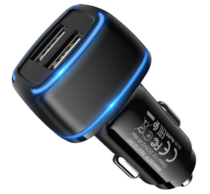 Автомобільний зарядний пристрій BOROFONE BZ14 Max dual port ambient light car charger Black