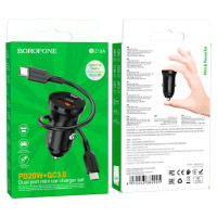 Автомобільний зарядний пристрій BOROFONE BZ18A PD20W+QC3.0 car charger set(Type-C to Type-C) Black