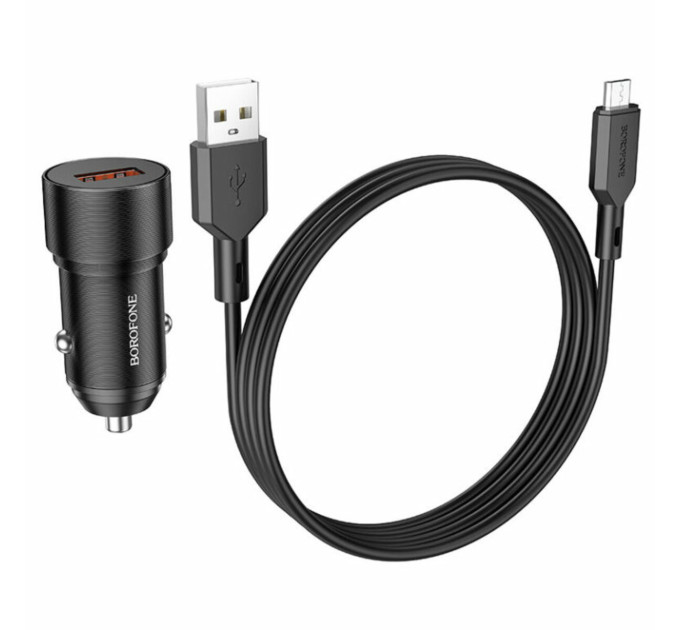 Автомобільний зарядний пристрій BOROFONE BZ19A Wisdom single port QC3.0 car charger set(Micro) Black