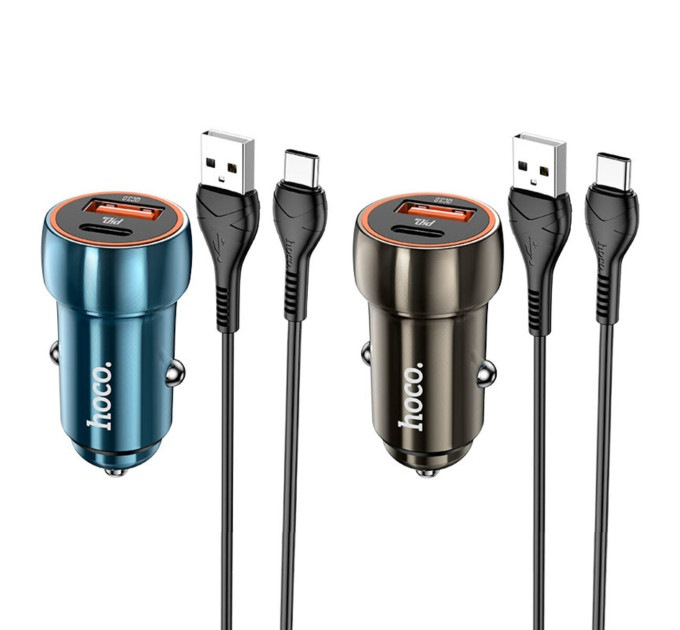 Автомобільний зарядний пристрій HOCO Z46A Blue whale PD20W+QC3.0 car charger set(Type-C) Metal Gray