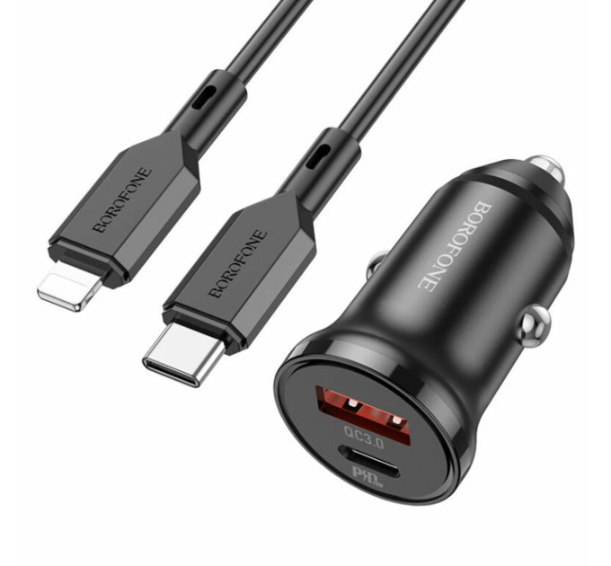 Автомобільний зарядний пристрій BOROFONE BZ18A PD20W+QC3.0 car charger set(Type-C to iP) Black