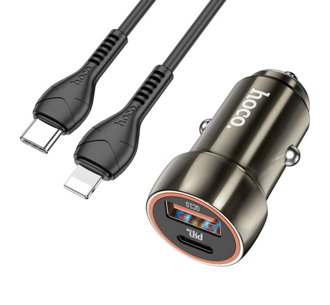 Автомобільний зарядний пристрій HOCO Z46A Blue whale PD20W+QC3.0 car charger set(C to iP) Metal Gray
