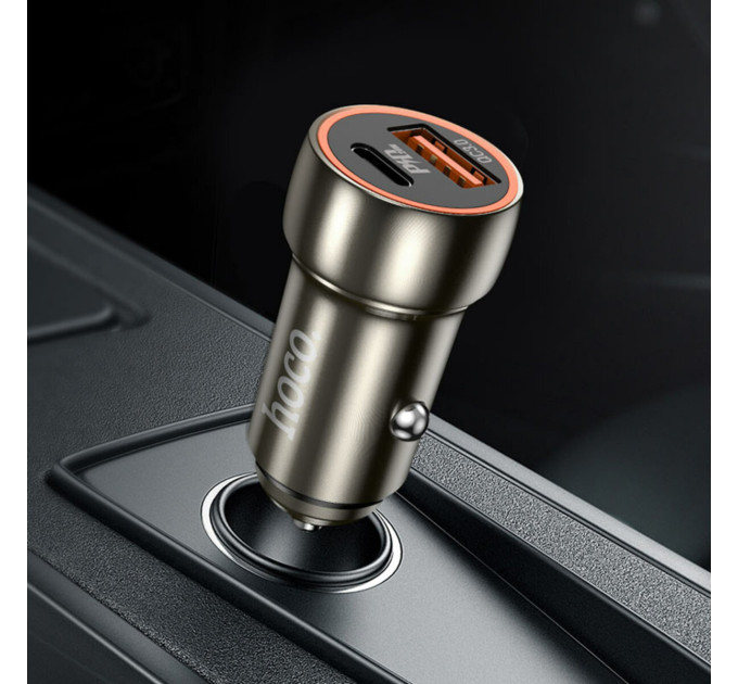 Автомобільний зарядний пристрій HOCO Z46A Blue whale PD20W+QC3.0 car charger set(C to iP) Metal Gray