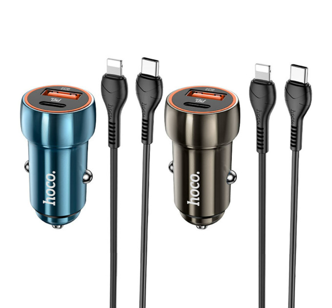 Автомобільний зарядний пристрій HOCO Z46A Blue whale PD20W+QC3.0 car charger set(C to iP) Metal Gray