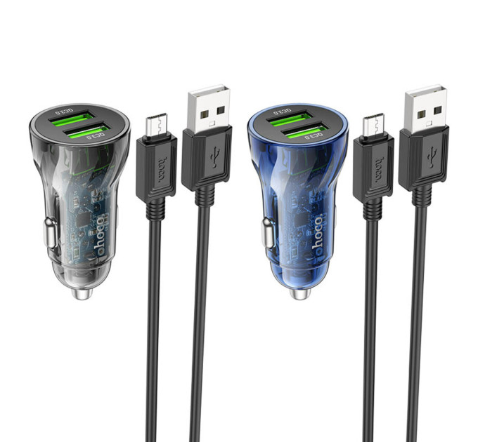 Автомобільний зарядний пристрій HOCO Z47 Transparent Discovery Edition dual port QC3.0 car charger set(Micro) Transparent Black