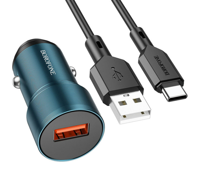 Автомобільний зарядний пристрій BOROFONE BZ19A Wisdom single port QC3.0 car charger set(Type-C) Sapphire Blue
