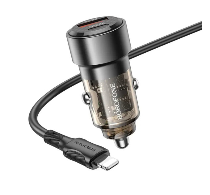 Автомобільний зарядний пристрій BOROFONE BZ20 Smart 38W dual port PD20W+QC3.0 car charger set(C to iP) Transparent Black