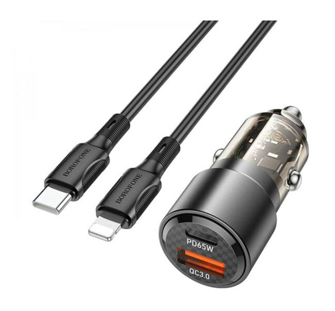 Автомобільний зарядний пристрій BOROFONE BZ20A Smart 83W dual port PD65W+QC3.0 car charger set(C to iP) Transparent Black