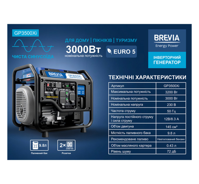 Генератор Brevia GP3500Xi інверторний бензиновий 3,0кВт (ном 3,2кВт)