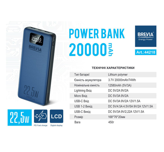 Повербанк Brevia 44218 20000mAh 22,5W Li-Pol