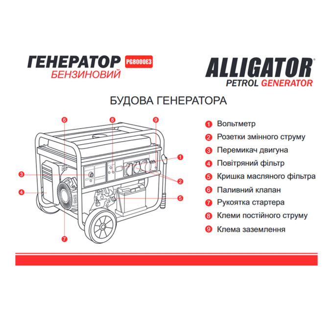 Генератор Alligator PG8000E3 бензиновий 6,5кВт (ном 6,0кВт) з електростартером, 1 та 3 фази