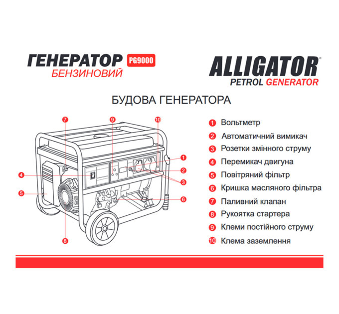Генератор Alligator PG9000 бензиновий 7,5кВт (ном 7,0кВт)