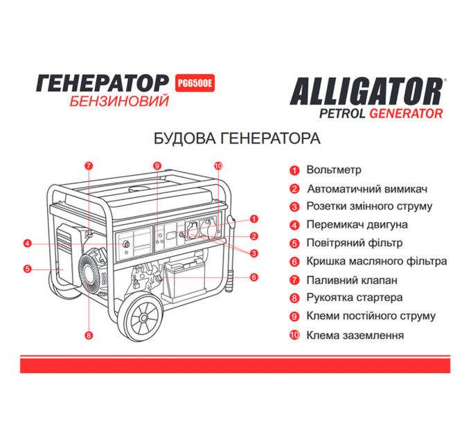 Генератор Alligator бензиновий 5,5кВт (ном 5,0кВт) з електростартером PG6500E
