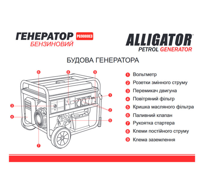 Генератор Alligator бензиновий 7,5кВт (ном 7,0кВт) з електростартером, 1 та 3 фази PG9000E3