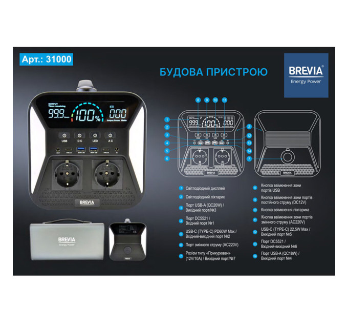 Зарядна станція Brevia 31000PS 1000W LifePo4